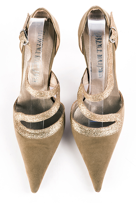 Camel beige and gold women's open side shoes, with snake-shaped straps. Pointed toe. High slim heel. Top view - Florence KOOIJMAN